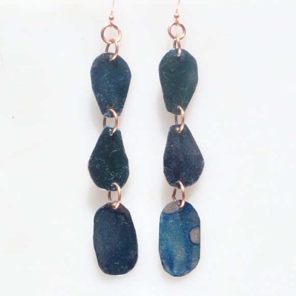 Long Blue Dangle Solid Copper Earrings Handmade - Picture 3 of 7